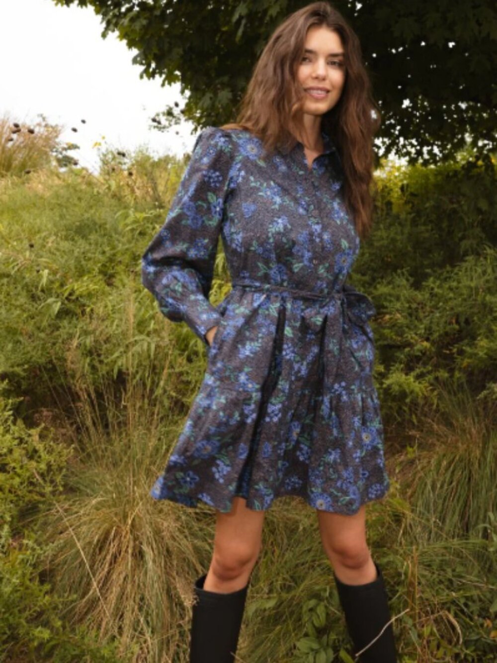EUC Summersalt Countryside Poplin Tiered Shirtdress Rustic Floral Midnight 1XL